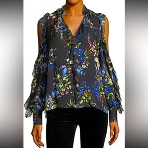 Parker cold shoulder floral long sleeve silk blouse